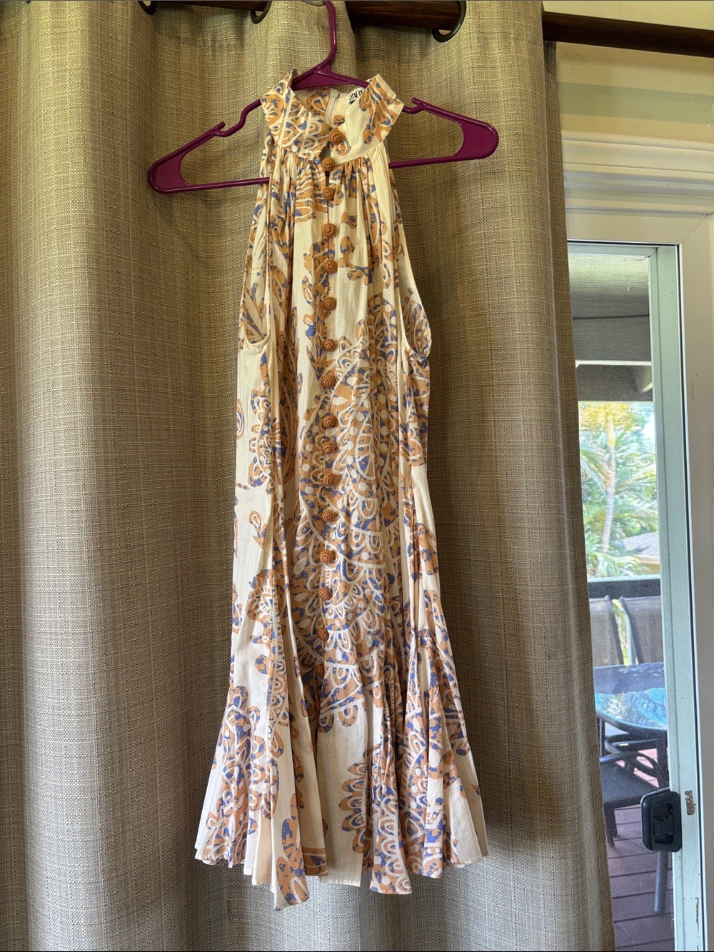 Zara Cream Halter Maxi Dress with Blue and Tan Paisley Print